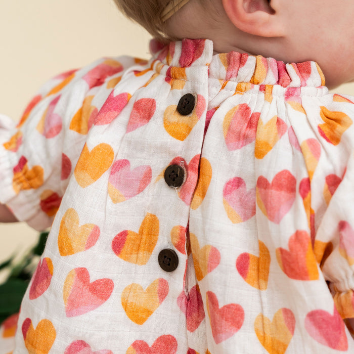 Hearts Baby Dress Model Back Detail (Organic Muslin)