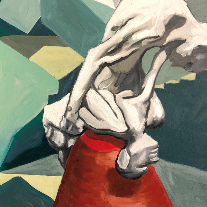 The artwork 'High Anxiety' features a dramatic oil painting of abstract white sculptural forms interacting with a bold red conical shape against a geometric background of teal, yellow, and grey shapes. The painting showcases strong contrasts and angular compositions in a contemporary modernist style. By Nikki Shapiro.
