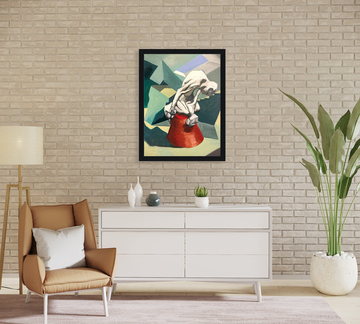 The artwork 'High Anxiety' depicts a striking skull resting atop a vibrant red spherical base against a geometric background of forest green and pale blue angular shapes. The oil on canvas painting combines modern abstract elements with memento mori symbolism, creating a compelling contrast through bold colors and sharp composition. By Nikki Shapiro.