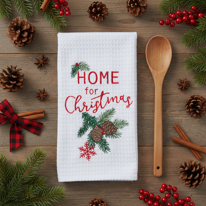 Home for Christmas Embroidered Waffle Towel