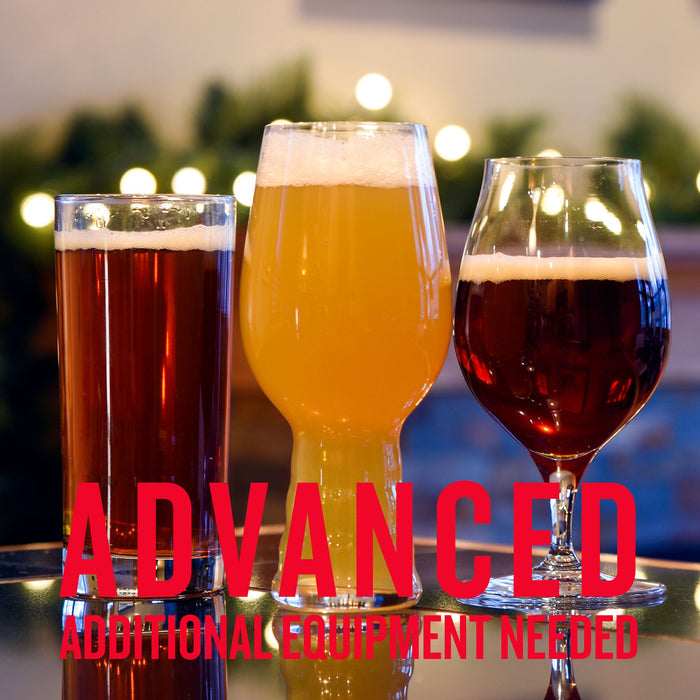 Three glasses of beer in various styles on a reflective surface with holiday lights in the background. Text reads: “ADVANCED – ADDITIONAL EQUIPMENT NEEDED.”