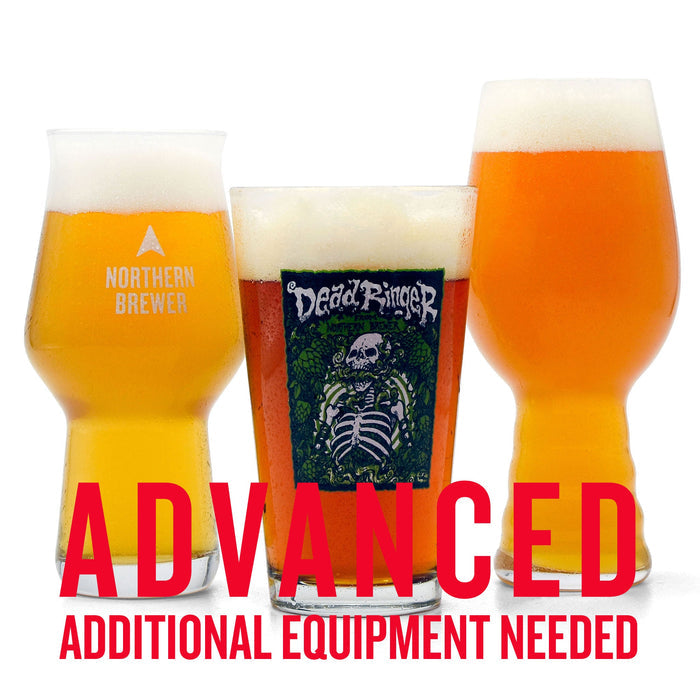 Three glasses of beer in different styles—hazy, clear amber, and orange—with foam heads. The center glass features a “Dead Ringer” label with a skeletal design and "Northern IPA" text. Bold red text overlays the image reading “ADVANCED” and “ADDITIONAL EQUIPMENT NEEDED.