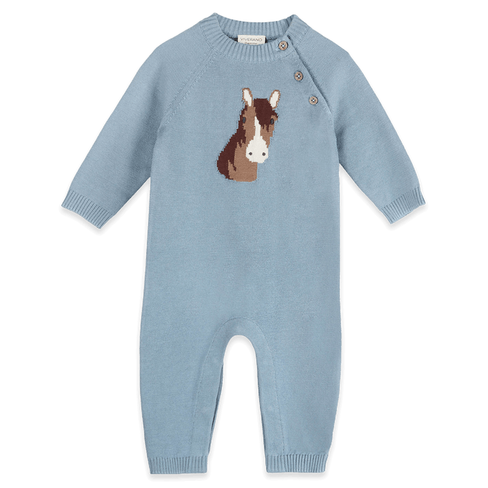 Horse Face Jacquard Knit Baby Jumpsuit, Organic Cotton