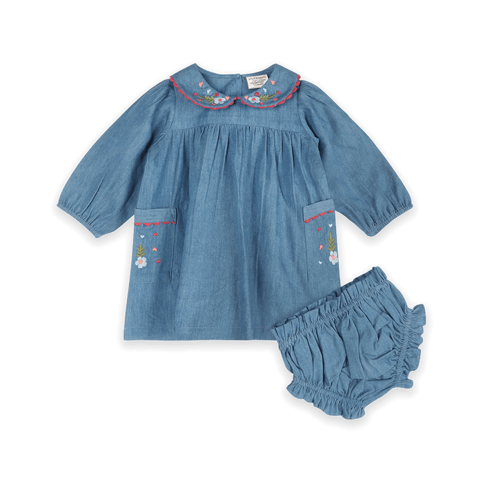 Ida Floral Embroidered Denim Baby Dress & Bloomer Set (Organic Cotton) - Outfit