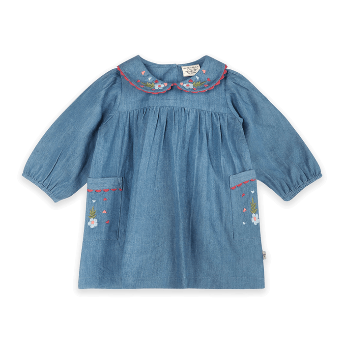 Ida Floral Embroidered Denim Baby Dress & Bloomer Set (Organic Cotton) - Front