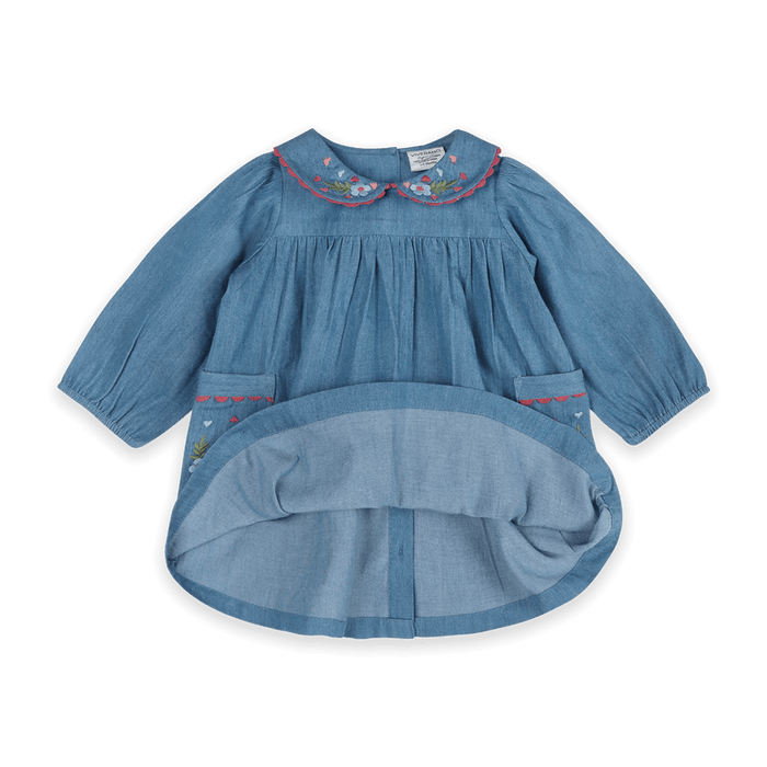 Ida Floral Embroidered Denim Baby Dress & Bloomer Set (Organic Cotton) - Texture