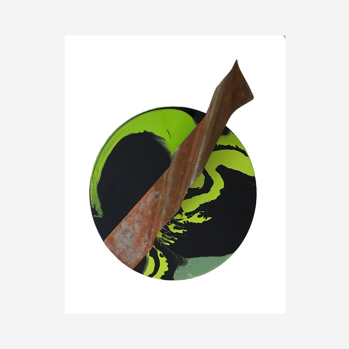 The artwork 'Is It Real or Am I Dreaming 4' by Sabrina Puppin features a striking circular composition with a diagonal rust-colored metallic beam intersecting a bold lime green and black background. The abstract design showcases fluid, organic patterns in vibrant green against deep black, created with synthetic glazes on metal, measuring 31x24 inches.