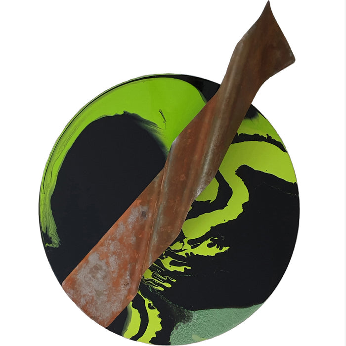 The artwork 'Is It Real or Am I Dreaming 4' by Sabrina Puppin features a striking circular composition with vibrant lime green swirls against a black background, intersected by a bold rust-brown metallic diagonal form. The abstract piece showcases synthetic glazes on metal, creating a dynamic interplay of organic and geometric shapes in a 31x24 inch format.