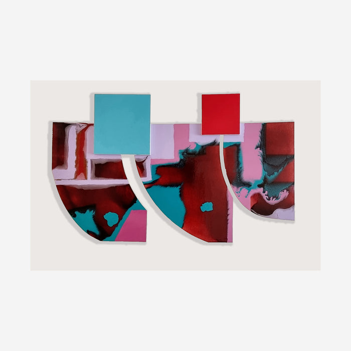 The artwork 'Is It Real or Am I Dreaming 6' features an abstract composition of geometric shapes in turquoise, red, and pink tones. The piece combines curved edges with sharp angles, showcasing a dynamic interplay of synthetic glazes on wood. The glossy surface creates depth and movement through color transitions and bold contrasts. By Sabrina Puppin.