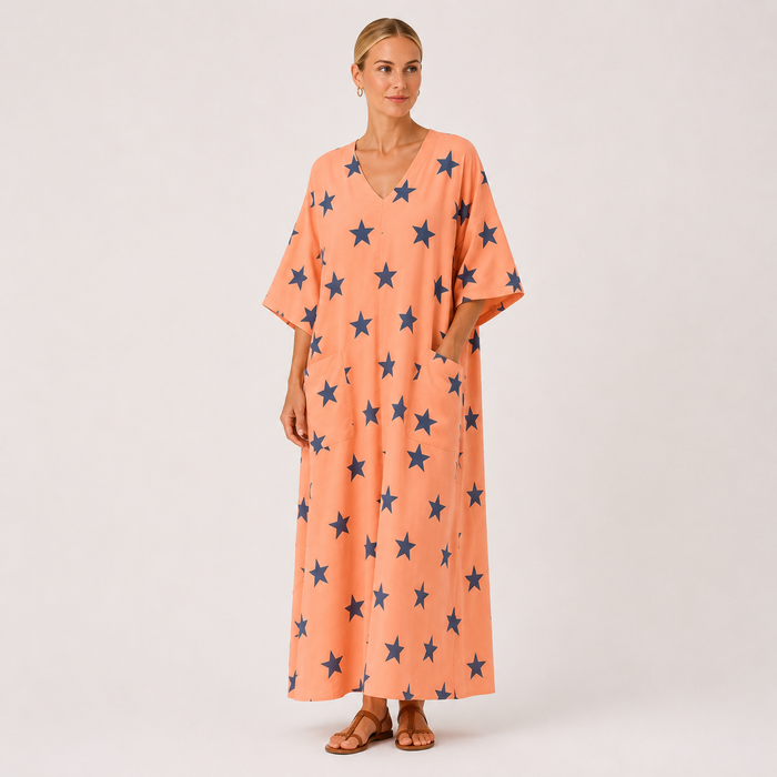 Kaftan Selma Koralfarvet Stjerner