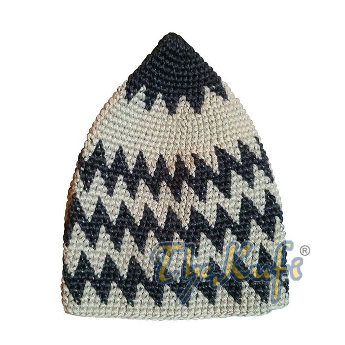 Kids Hand Crocheted Cotton Indigo Gray & Light Khaki Zigzag Kufi Hat