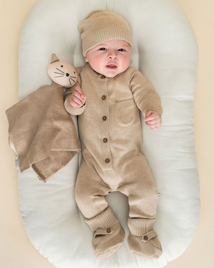 Kitty Cat - Organic Baby Lovey Security Blanket with model wearing Viverano Milan outfit