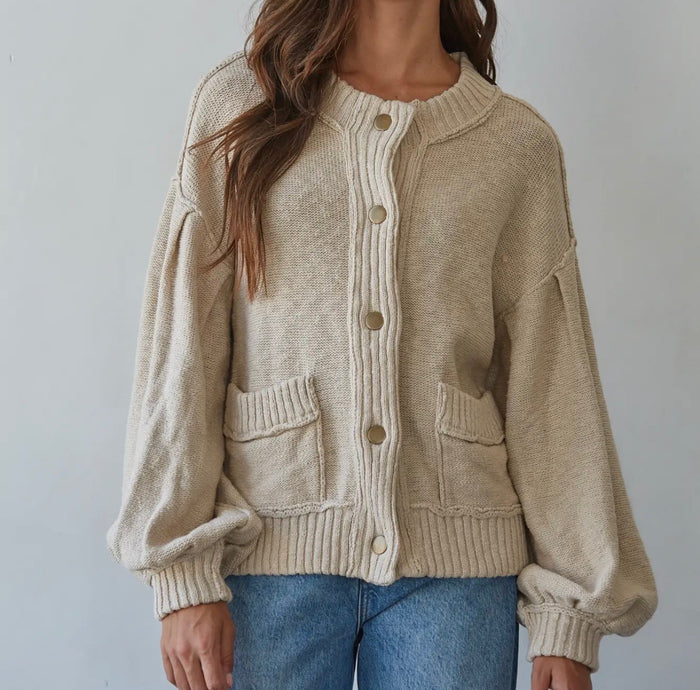 Knit Ballon Sleeve Cardigan - Sand