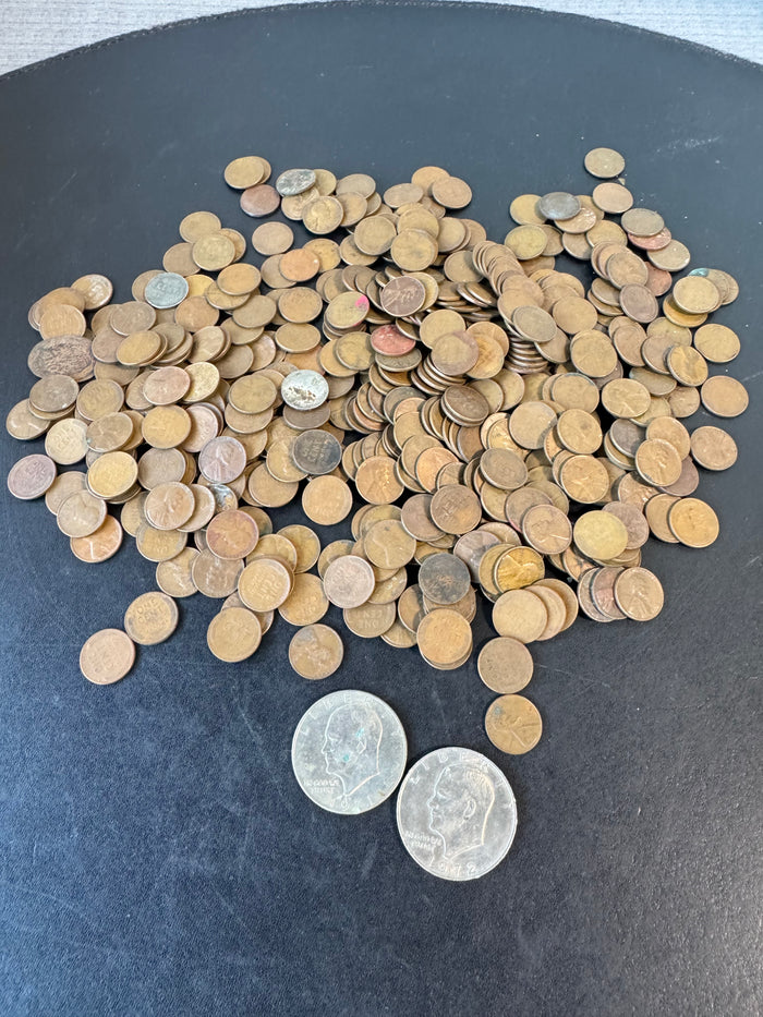 Large Lot of Assorted Pennies (Some Wheat) with 2 Eisenhower Dollar Coins
