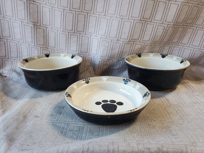 Lot of 3 Ceramic Black Paw Print Pet Bowls