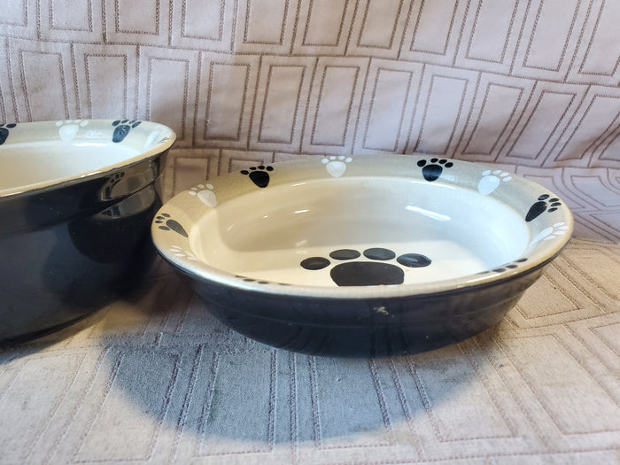 Lot of 3 Ceramic Black Paw Print Pet Bowls