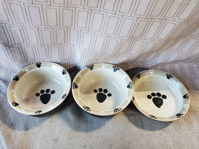 Lot of 3 Ceramic Black Paw Print Pet Bowls