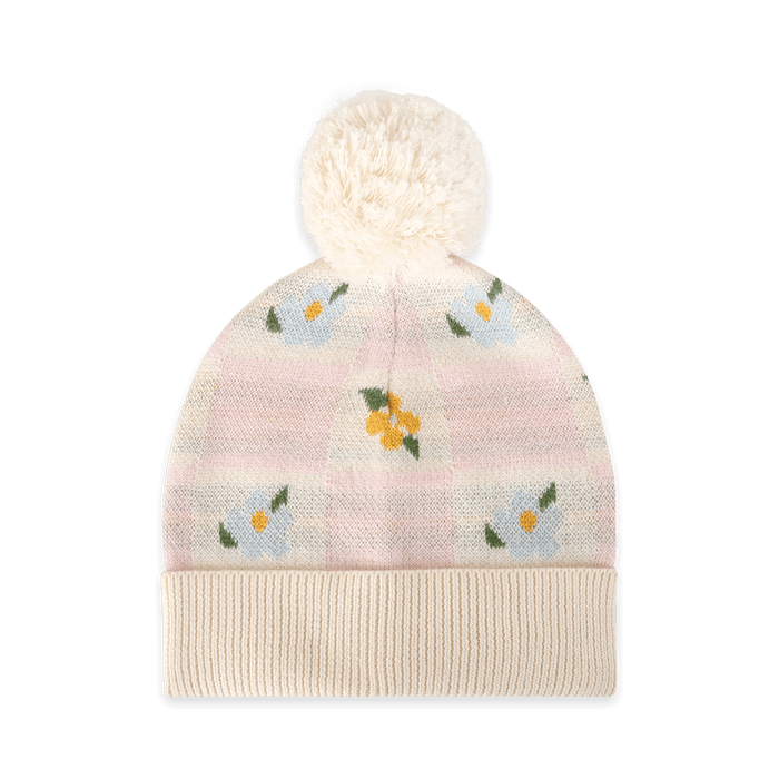Mia Floral Knit Baby Beanie Hat with Pom-Pom, Organic Cotton