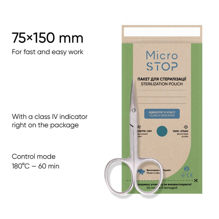 MicroStop ECO Dry Heat Sterilization Pouches with class 4 indicator Kraft Bags 75x150 mm (100 pcs) Sterilization Pouches MicroSTOP