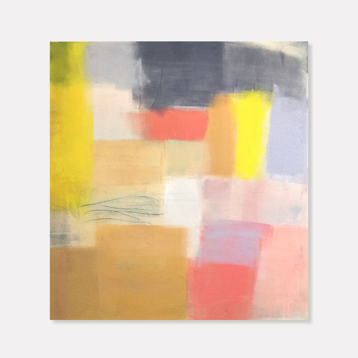 The artwork 'Mid Century 1' by Ellen Hermanos features abstract geometric blocks in soft pastels and bold accents. Gentle coral pink, warm beige, and muted yellow sections blend with stormy grays, creating a balanced modern composition. Subtle brushstrokes and layered acrylic paint add depth and texture to this contemporary 28x26 inch canvas.