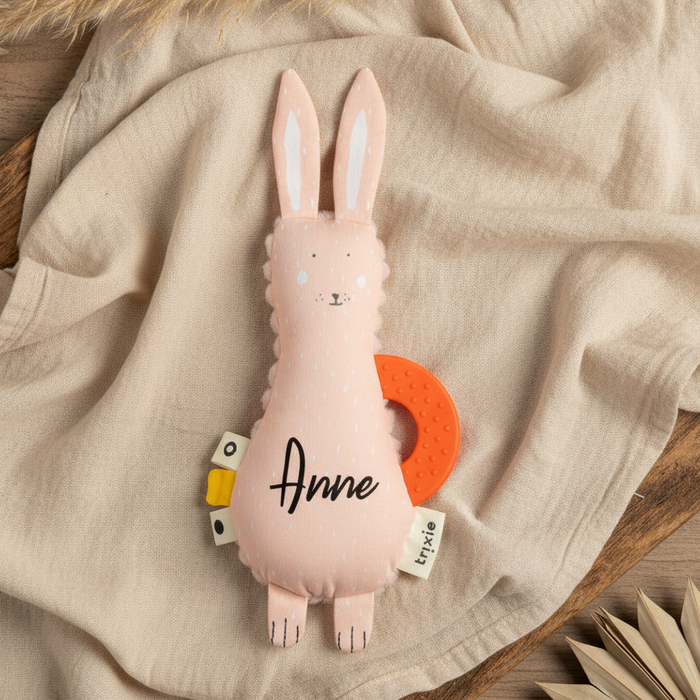 Trixie Mini-Aktivitätsspielzeug Frau Hase personalisiert mit Namen – rosa Babyspielzeug zum Greifen, Zahnen und Entdecken