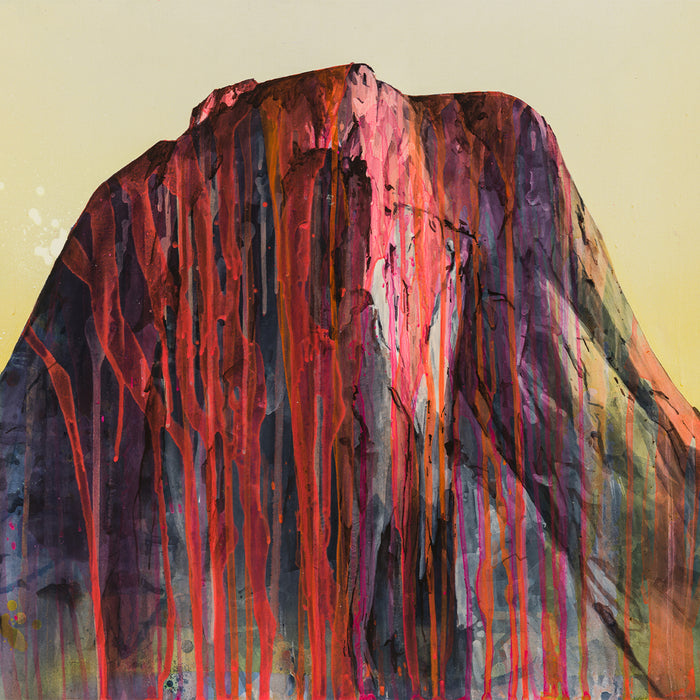 The artwork 'Molten Mountain' by Theresa Bloise features a dramatic mountain peak rendered in vibrant dripping reds and deep purples against a warm yellow sky. The acrylic painting captures the essence of flowing lava with vertical streaks cascading down the rocky surface, creating a dynamic interplay of warm and cool tones in an abstract expressionist style.