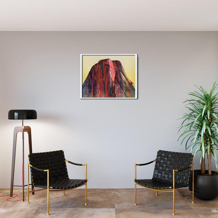 The artwork 'Molten Mountain' by Theresa Bloise depicts a dramatic volcanic peak with cascading streaks of deep red and orange lava flowing down its dark purple and indigo slopes, set against a soft yellow sky. The acrylic painting on paper captures the raw energy and natural power of an erupting mountain in an abstract expressionist style. By Theresa Bloise.
