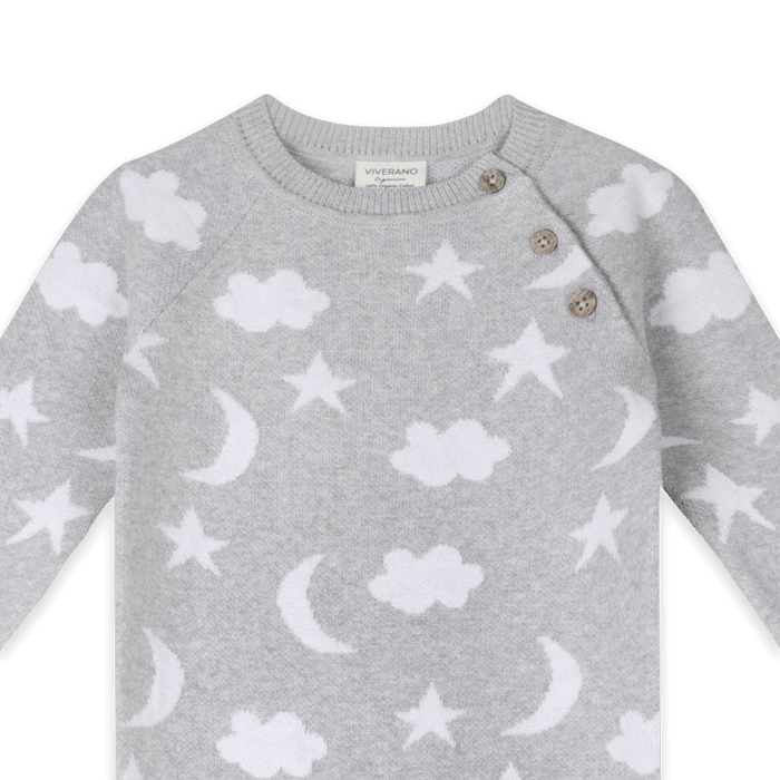 Organic Cotton Heather Grey Moon and Stars Dream Knit Baby Coverall, Button Detail