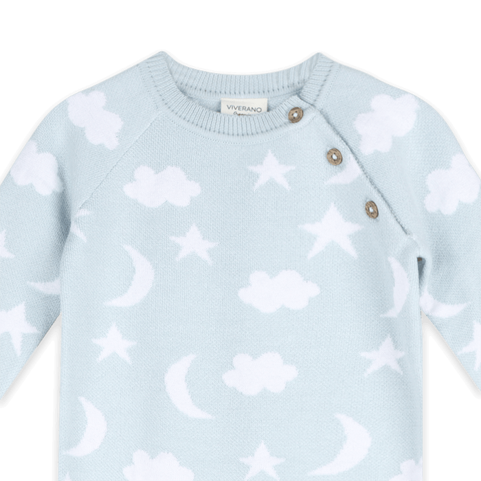 Organic Cotton Baby Blue Moon and Stars Dream Knit Baby Coverall, Button Detail
