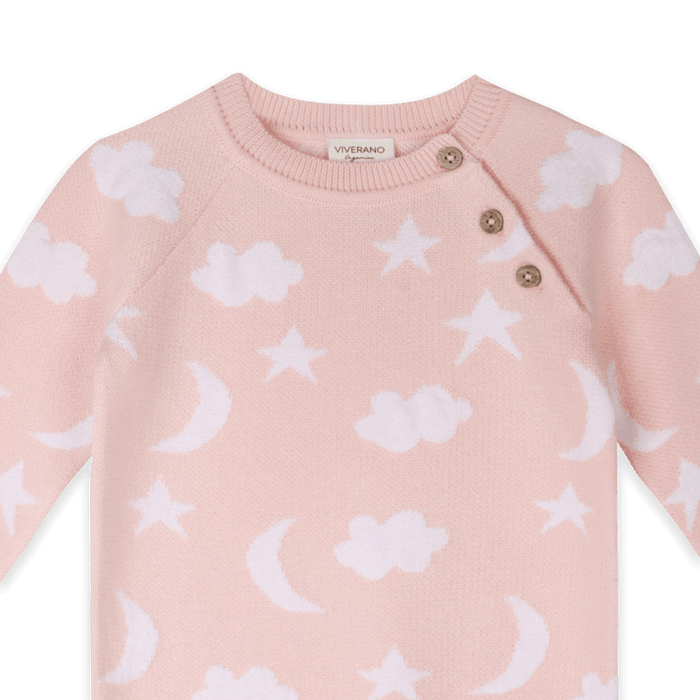 Organic Cotton Baby Pink Moon and Stars Dream Knit Baby Coverall, Button Detail