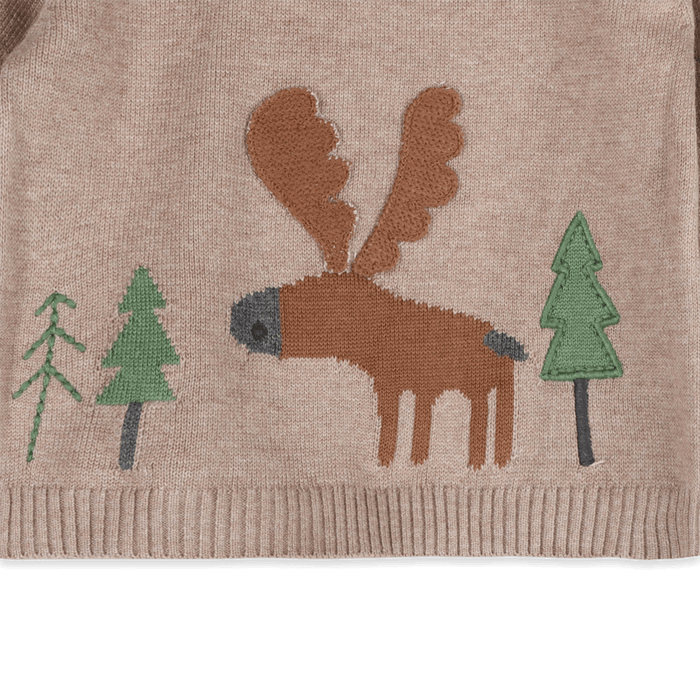 Organic Cotton Moose Woods Knit Baby Pullover, Embroidery Detail