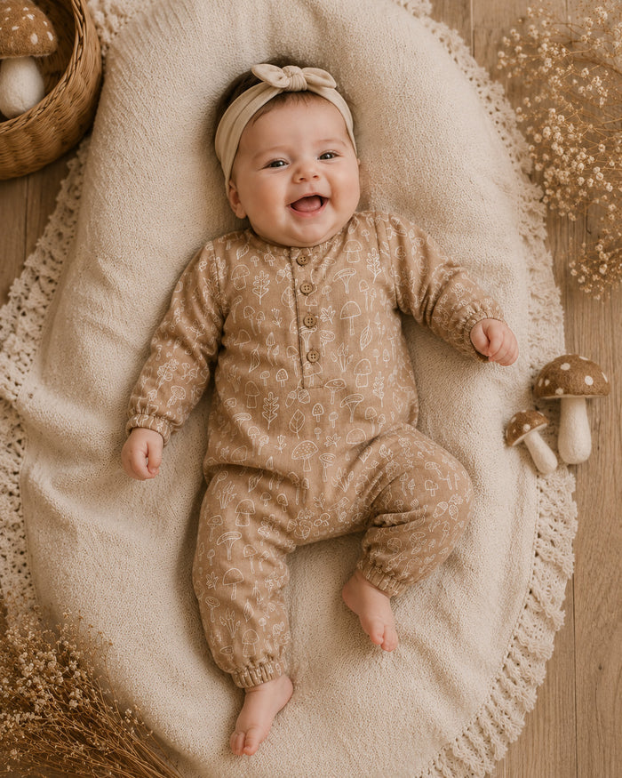 Baby Wearing Mushroom Button Front Baby Jumpsuit, Organic Muslin by Viverano