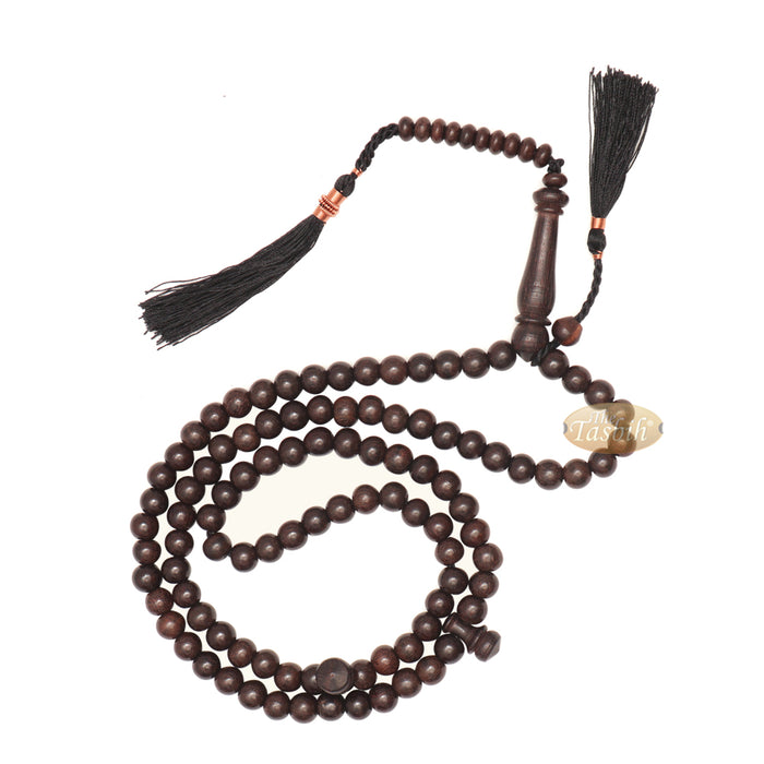 Natural Tamarind Wood Tasbih Prayer Beads 8 mm 99-Bead with Copper Decorated Black Tassels