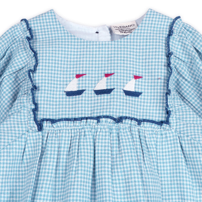 Nautical Embroidered Gingham Baby Romper Detail (Organic)