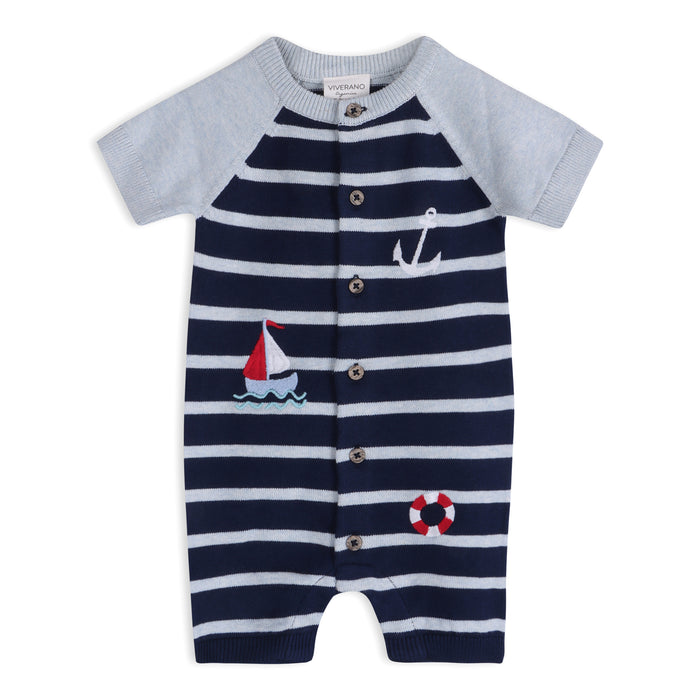 Nautical Stripe Embroidered Baby Knit Romper (Organic Cotton)
