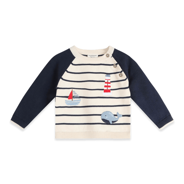 Nautical Stripe Embroidered Knit Baby Pullover, Organic Cotton