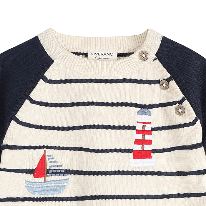 Organic Cotton Nautical Stripe Embroidered Knit Baby Pullover, Detail