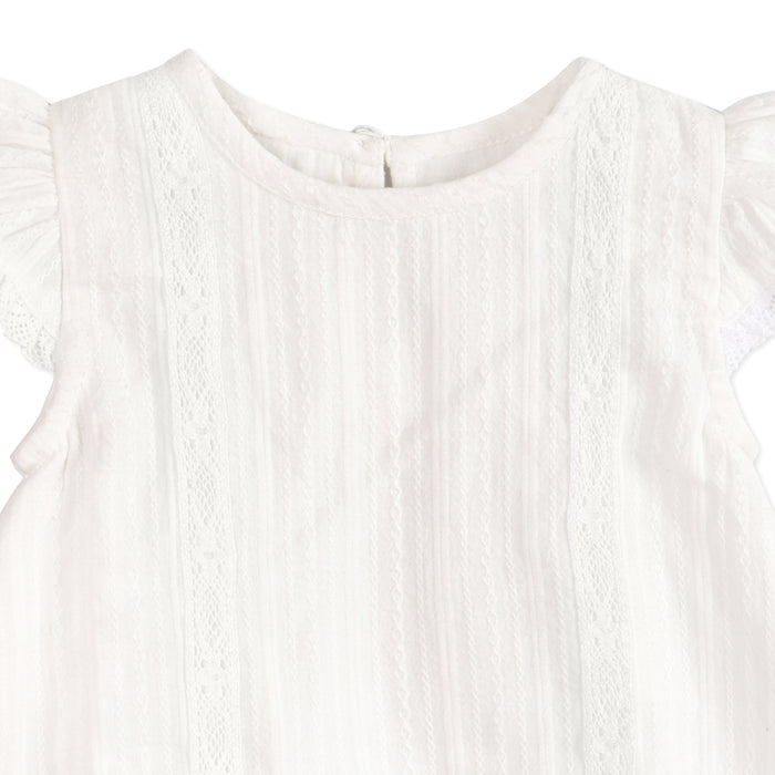 Noelle Striped Dobby White A Line Baby Dress Detail (Organic)