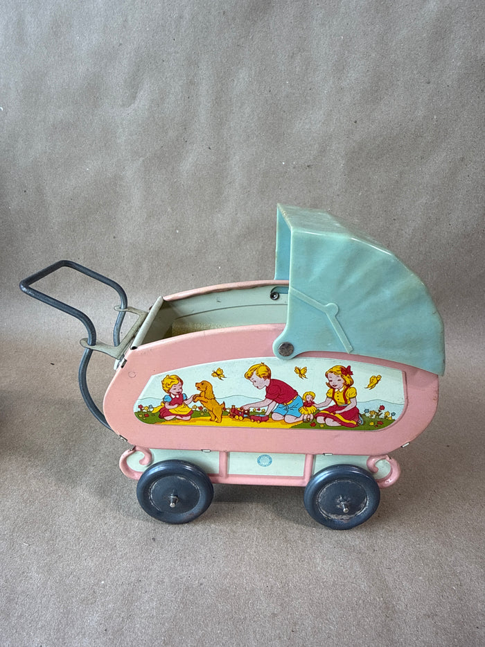 OHIO ART 1950's Lithograph Tin Doll Carriage - Comes With 2 Babies And Tub