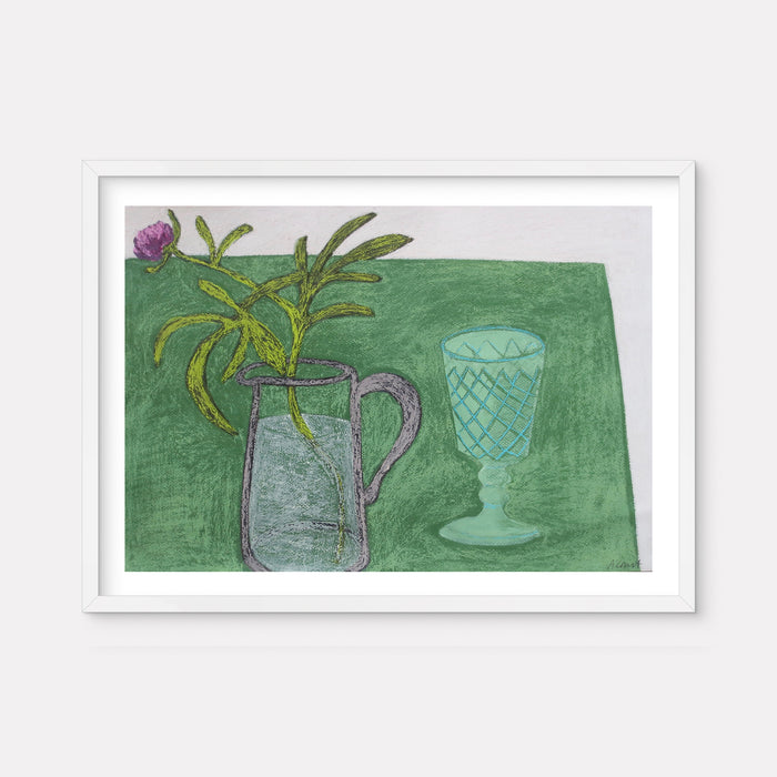 The artwork 'One Peony' by Angela A'Court features a delicate still life composition in soft pastels, depicting a single purple peony stem with green leaves in a gray pitcher, alongside a decorative turquoise glass goblet, all set against a rich emerald green background on textured paper, framed in white.