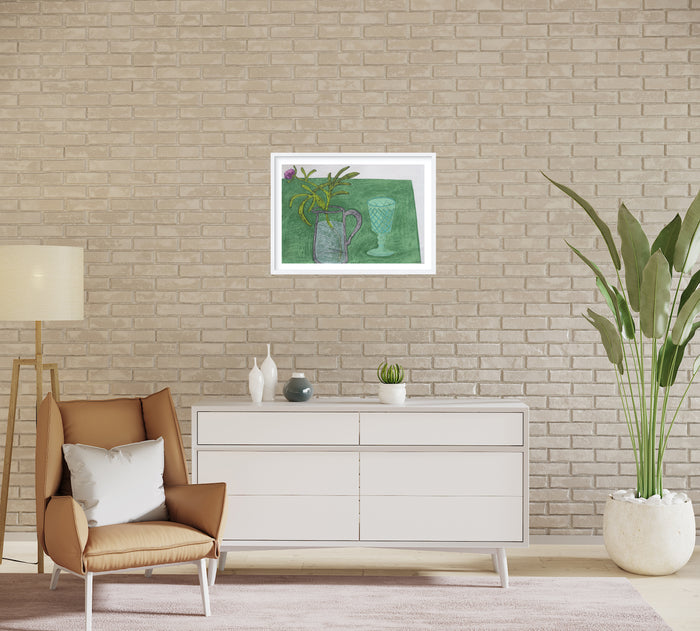The artwork 'One Peony' by Angela A'Court features a delicate soft pastel drawing set in emerald and sage green tones. The composition shows abstract floral forms rendered with gentle, ethereal strokes on paper. The piece, framed in white, captures the essence of botanical artistry through minimalist interpretation and layered textures by Angela A'Court.