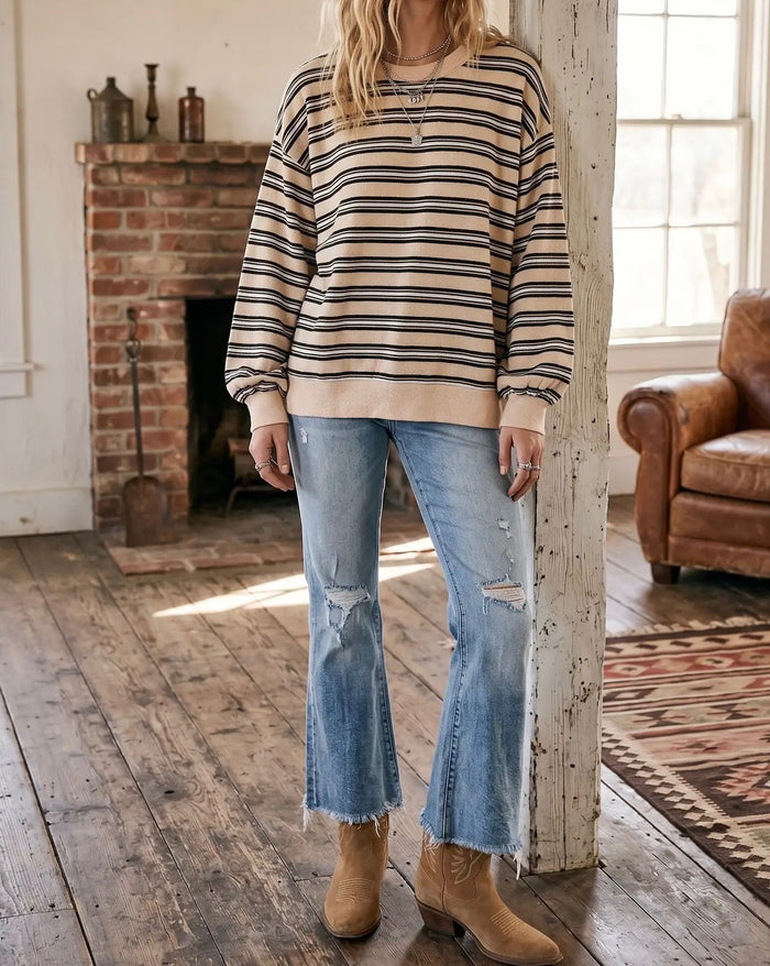 Oversized French Terry Striped Sweatshirt - Beige Combo
