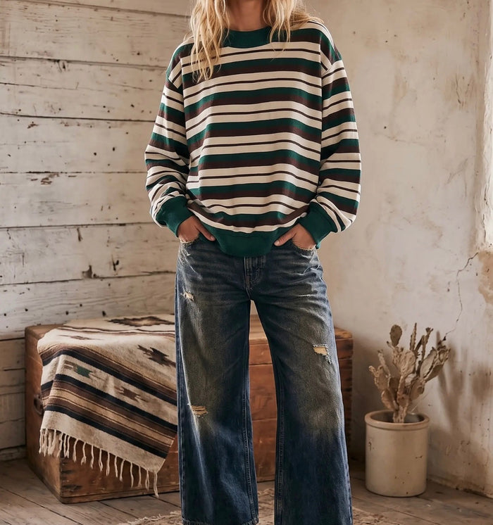 Oversized French Terry Striped Sweatshirt - Teal/Brown/Cream