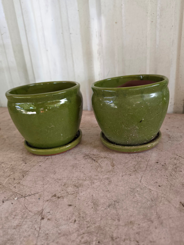 Pair of Green Glazed Terracotta Planters w/Fixed Saucers