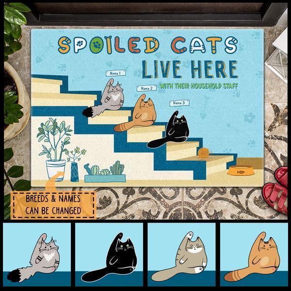 Pawzity Custom Mat, Gifts For Cat Lovers, Spoiled Cat Lives Here Cats On Stair Blue Front Door Mat