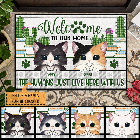 Pawzity Welcome To Our Home Custom Doormat, Gifts For Cat Lovers, Cactus Garden Front Door Mat