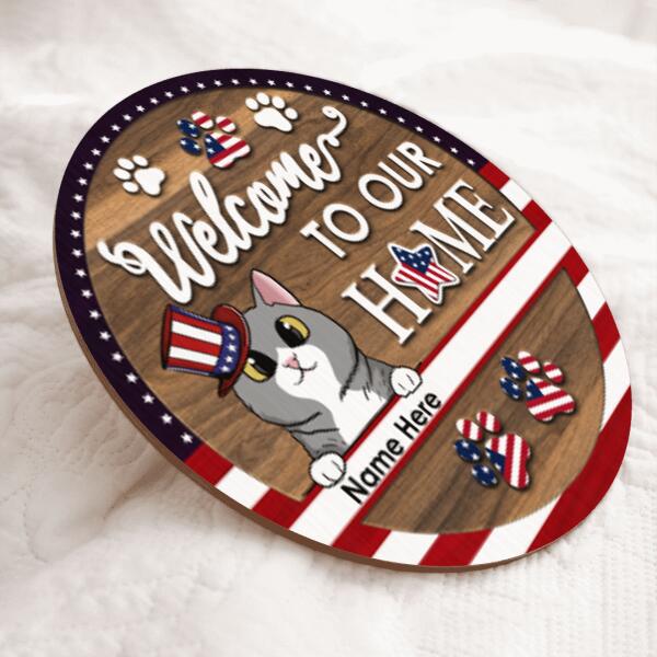 Pawzity Welcome To Our Home Signs, Gifts For Cat Lovers, American Flag Custom Wooden Signs , Cat Mom Gifts