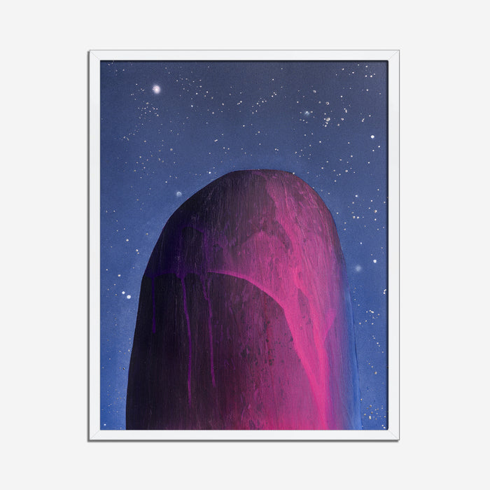 The artwork 'Pink Mountain' by Theresa Bloise features a majestic mountain peak rendered in vibrant pink and deep purple hues against a starlit midnight blue sky. The mountain's smooth, curved silhouette is illuminated by a luminous pink glow, while silver stars scatter across the dark celestial background, creating a dreamlike abstract landscape executed in acrylic and silver leaf on paper.