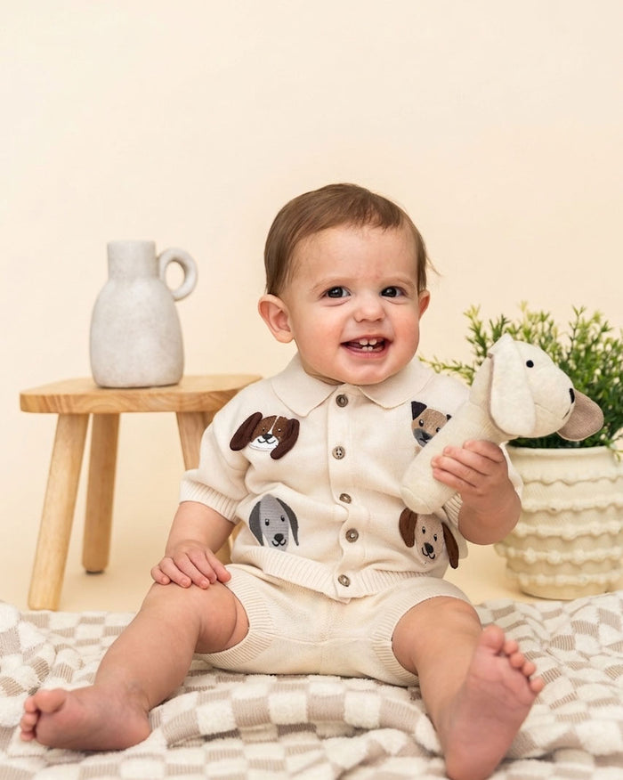 Doggy Embroidered Baby Shirt & Shorts Set (Organic Cotton) - Model