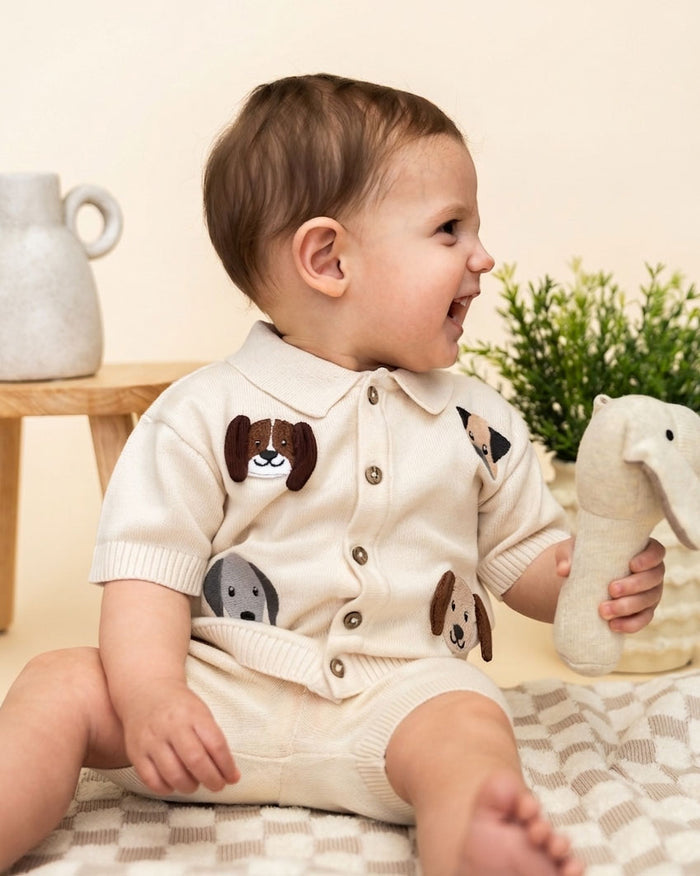 Doggy Embroidered Baby Shirt & Shorts Set (Organic Cotton) - Model
